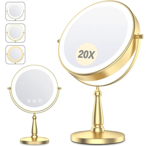 Vanity Mirror with Lights, 9'' Lighted Makeup Mirror, 1X/20X Double Sided Magnifying Mirror, 5000mAh Rechargeable, 3 Color Dimmable LED, 360° Rotation Desk Mirror for Makeup & Skincare, Gold Vanity Mirror with Lights, 9'' Lighted Makeup Mirror, 1X/20X Double Sided Magnifying Mirror, 5000mAh Rechargeable, 3 Color Dimmable LED, 360° Rotation Desk Mirror for Makeup & Skincare, Gold