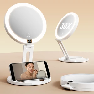 Travel Makeup Mirror with Lights - 1X/30X Magnifying Double Sided Mirror | 3 Color Lighting & Stepless Dimming, 2000mAh Rechargeable, Foldable Portable for Travel, Desk, Wall Travel Makeup Mirror with Lights - 1X/30X Magnifying Double Sided Mirror | 3 Color Lighting & Stepless Dimming, 2000mAh Rechargeable, Foldable Portable for Travel, Desk, Wall