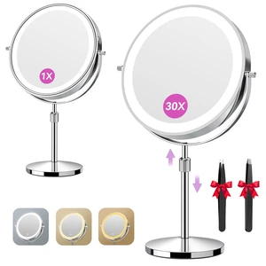9" 5000mAh Magnifying Mirror, 1X/30X Lighted Makeup Mirror, Chrome | Rechargeable Battery, 3 Dimmable Colors, 14.918.5" Adjustable Height, 360° Rotation, Stable Base, 30X Magnification 9" 5000mAh Magnifying Mirror, 1X/30X Lighted Makeup Mirror, Chrome | Rechargeable Battery, 3 Dimmable Colors, 14.918.5" Adjustable Height, 360° Rotation, Stable Base, 30X Magnification