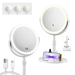 Makeup Mirror with Lights, 1X/10X Double Sided Magnifying Vanity Mirror | 2000mAh Rechargeable Lighted Makeup Mirror with 3Color Lighting, Adjustable Height & Brightness for Desk, Dorms, Gift for Her Makeup Mirror with Lights, 1X/10X Double Sided Magnifying Vanity Mirror | 2000mAh Rechargeable Lighted Makeup Mirror with 3Color Lighting, Adjustable Height & Brightness for Desk, Dorms, Gift for Her