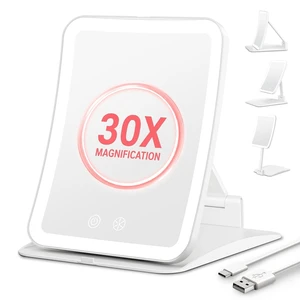 30X Magnifying Travel Makeup Mirror, 2000mAh Rechargeable Mirror | 3 Light Colors With 64 Leds, Touch Dimming, Compact Portable Foldable, Adjustable Height & Angle, 30X Magnification, White 30X Magnifying Travel Makeup Mirror, 2000mAh Rechargeable Mirror | 3 Light Colors With 64 Leds, Touch Dimming, Compact Portable Foldable, Adjustable Height & Angle, 30X Magnification, White