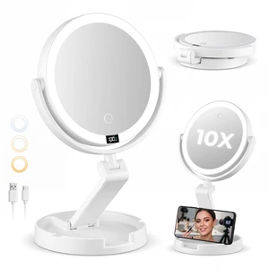 Lighted Travel Makeup Mirror,1X & 10X Magnification,3 Light Modes | Double Sided Magnification, Rechargeable Foldable Vanity Mirror, Smart Battery Display, Touch Dimmable, Desk & Travel, White Lighted Travel Makeup Mirror,1X & 10X Magnification,3 Light Modes | Double Sided Magnification, Rechargeable Foldable Vanity Mirror, Smart Battery Display, Touch Dimmable, Desk & Travel, White