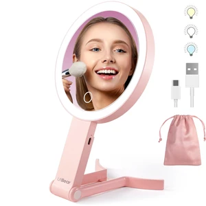 Travel Makeup Mirror with Lights, Rechargeable Double-Sided 10X/1X Magnifying Mirror, Portable Lighted Beauty Mirror, 3 Color Lighting, Dimmable Touch Screen, Tabletop Handhold Hanging (Pink) Travel Makeup Mirror with Lights, Rechargeable Double-Sided 10X/1X Magnifying Mirror, Portable Lighted Beauty Mirror, 3 Color Lighting, Dimmable Touch Screen, Tabletop Handhold Hanging (Pink)