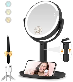 Makeup Mirror with Lights, 30X Magnifying Mirrors, Height Adjustable, Vanity Mirror with Lights Rechargeable 3 Color Modes, Double-Sided Detachable Travel Mirrors, Gift for Women, Black/30X Makeup Mirror with Lights, 30X Magnifying Mirrors, Height Adjustable, Vanity Mirror with Lights Rechargeable 3 Color Modes, Double-Sided Detachable Travel Mirrors, Gift for Women, Black/30X