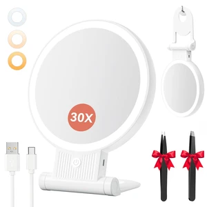 30X/1X Makeup Magnifying Mirror with Light, BM-2403 | DoubleSided Button, Adjustable 3 Color Lights, Foldable Design, Desk Mirror For Travel Women, 2000mAh Battery, Twezzers 30X/1X Makeup Magnifying Mirror with Light, BM-2403 | DoubleSided Button, Adjustable 3 Color Lights, Foldable Design, Desk Mirror For Travel Women, 2000mAh Battery, Twezzers