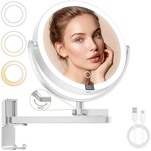 Wall-Mounted-Lighted-Makeup-Mirror-Magnifying 1X/10X 8" with LED | 4000mAh Rechargeable Double Sided Dimmable Vanity Mirror, Extended Arm 360 Rotation, 3 Color Lights & Digital Display, Silver Wall-Mounted-Lighted-Makeup-Mirror-Magnifying 1X/10X 8" with LED | 4000mAh Rechargeable Double Sided Dimmable Vanity Mirror, Extended Arm 360 Rotation, 3 Color Lights & Digital Display, Silver