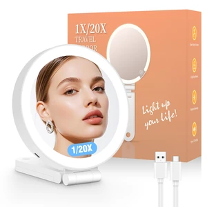 Travel Makeup Mirror with Lights, 20X/1X Double-Sided Magnifying Mirror with 3 Color Lights, Brightness Adjustable, Rechargeable, Foldable Handheld Makeup Mirrors Portable for Travel Use Travel Makeup Mirror with Lights, 20X/1X Double-Sided Magnifying Mirror with 3 Color Lights, Brightness Adjustable, Rechargeable, Foldable Handheld Makeup Mirrors Portable for Travel Use