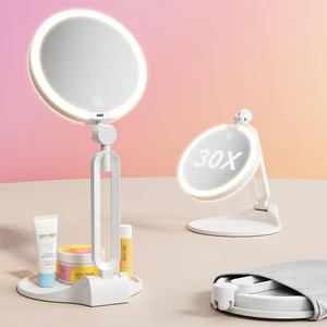Travel Makeup Mirror with Lights, 1X/30X Magnification Double Sided Lighted Mirror, 3 Color Lighting & Stepless Dimming, 2000mAh Foldable Portable Mirror for Desk & Travel - White Travel Makeup Mirror with Lights, 1X/30X Magnification Double Sided Lighted Mirror, 3 Color Lighting & Stepless Dimming, 2000mAh Foldable Portable Mirror for Desk & Travel - White