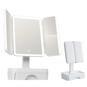 Tri Fold Lighted Makeup Mirror with Storage & 3X Magnification, Small Vanity Mirror, 3-Color Dimmable LED Vanity Mirror, Touch Control Vanity Mirrors, Travel Makeup Mirror for Women (White) Tri Fold Lighted Makeup Mirror with Storage & 3X Magnification, Small Vanity Mirror, 3-Color Dimmable LED Vanity Mirror, Touch Control Vanity Mirrors, Travel Makeup Mirror for Women (White)