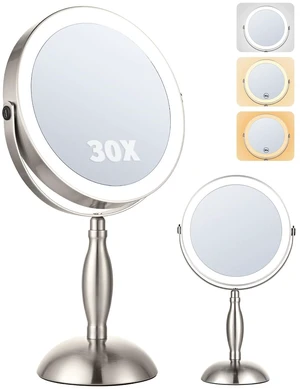 8"Makeup Mirror with LightBrushed Nickel, 30X Magnifying/1X Double Sided | Vanity Mirror with 360° Swivel, 5000mAh Rechargeable (Side Touch + Side Charge), 3 Color & Dimming, Lighted Makeup Mirror 8"Makeup Mirror with LightBrushed Nickel, 30X Magnifying/1X Double Sided | Vanity Mirror with 360° Swivel, 5000mAh Rechargeable (Side Touch + Side Charge), 3 Color & Dimming, Lighted Makeup Mirror