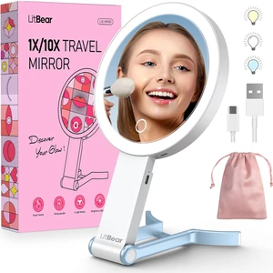 Travel Makeup Mirror with Lights, Rechargeable Double-Sided 10X/1X Magnifying Mirror, Portable Lighted Beauty Mirrors, 3 Color Lighting, Dimmable Touch Screen, Tabletop Handhold Hanging (Blue) Travel Makeup Mirror with Lights, Rechargeable Double-Sided 10X/1X Magnifying Mirror, Portable Lighted Beauty Mirrors, 3 Color Lighting, Dimmable Touch Screen, Tabletop Handhold Hanging (Blue)