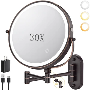 9" Wall Mounted Lighted Makeup Mirror,4000mAh Rechargeable Double Sided 1X/30X Magnifying Mirror with Light,Touch Dimmable,Extended Arm 360 Rotation Wall Mounted Makeup Mirror 3 Color Lights-Bronze 9" Wall Mounted Lighted Makeup Mirror,4000mAh Rechargeable Double Sided 1X/30X Magnifying Mirror with Light,Touch Dimmable,Extended Arm 360 Rotation Wall Mounted Makeup Mirror 3 Color Lights-Bronze