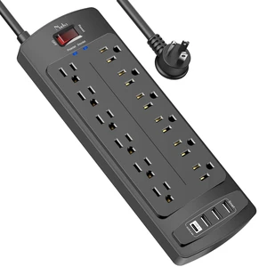 Surge Protector Power Strip, 12 Outlets and 4 USB Ports, 6 Feet Extension Cord for Home, Office, Dorm Essentials, 2700 Joules, ETL Listed, Black Surge Protector Power Strip, 12 Outlets and 4 USB Ports, 6 Feet Extension Cord for Home, Office, Dorm Essentials, 2700 Joules, ETL Listed, Black