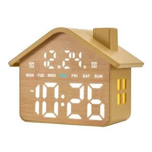 Wooden Digital Alarm Clock, Bedroom Clock with Large Numbers, Date, Week, Dual Alarms, Dimmer and Ambient Light, House-Shaped Electric Bedside Desk Clock, Adapter Batteries Powered Wooden Digital Alarm Clock, Bedroom Clock with Large Numbers, Date, Week, Dual Alarms, Dimmer and Ambient Light, House-Shaped Electric Bedside Desk Clock, Adapter Batteries Powered