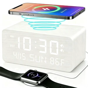 Premium White Wooden Digital Alarm Clock with Wireless Phone Charger, USB Charging Ports, Dimmable LED Display, Date & Day of Week, Temperature, Digital Desk Clock for Bedroom Nightstand Bedside Table Premium White Wooden Digital Alarm Clock with Wireless Phone Charger, USB Charging Ports, Dimmable LED Display, Date & Day of Week, Temperature, Digital Desk Clock for Bedroom Nightstand Bedside Table