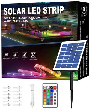 50ft RGB Solar Led Strip Lights Outdoor Waterproof with Self-Adhesive | Adhesive Backing and Installation Kit, Auto On/Off 16 Colors and 4 Modes with Remote Great for Garden, Pathway Decor 50ft RGB Solar Led Strip Lights Outdoor Waterproof with Self-Adhesive | Adhesive Backing and Installation Kit, Auto On/Off 16 Colors and 4 Modes with Remote Great for Garden, Pathway Decor