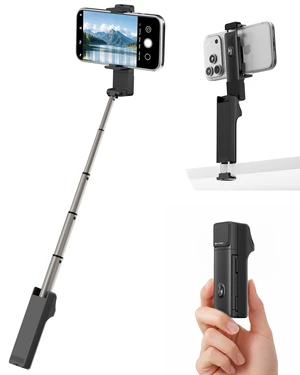 Selfie Stick with Wireless Remote and Desk Clamp, Lightweight Foldable Travel Phone Holder, Aluminum Portable Selfie Stick Tripod for Video Recording, Photograph, Streaming Selfie Stick with Wireless Remote and Desk Clamp, Lightweight Foldable Travel Phone Holder, Aluminum Portable Selfie Stick Tripod for Video Recording, Photograph, Streaming