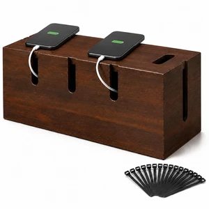 Large Wood Cable Management Box, Wooden Cord Hider Box for Power Strips, Walnut Finish Cable Organizer with 20 Reusable Ties for Desk, Floor & Home Office Large Wood Cable Management Box, Wooden Cord Hider Box for Power Strips, Walnut Finish Cable Organizer with 20 Reusable Ties for Desk, Floor & Home Office