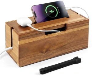 Acacia Cable Management Box, Cord Hider Organizer with Phone Stand, 12" L Cord Box for Power Strip, TV Wires & Desk Cable Storage, Office Under Desk Cable Storage Box for Wire Acacia Cable Management Box, Cord Hider Organizer with Phone Stand, 12" L Cord Box for Power Strip, TV Wires & Desk Cable Storage, Office Under Desk Cable Storage Box for Wire