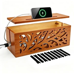 Wood Cable Management Box, Cord Organizer & Decorative Power Strip Cover | Cord Hider & Wire Storage with Phone Stand & 10 Cable Ties for Extension Cords, Surge Protectors, TV, Desk & Office Wood Cable Management Box, Cord Organizer & Decorative Power Strip Cover | Cord Hider & Wire Storage with Phone Stand & 10 Cable Ties for Extension Cords, Surge Protectors, TV, Desk & Office