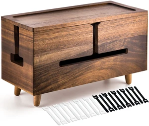 Brown Wood Large Cable Management Box for Power Strip and Cord Hideaway | Large solid wood cable box fits 13" power strips, detachable legs, air vents, child-safe lid, tool-free, hides 6-8 cords. Brown Wood Large Cable Management Box for Power Strip and Cord Hideaway | Large solid wood cable box fits 13" power strips, detachable legs, air vents, child-safe lid, tool-free, hides 6-8 cords.