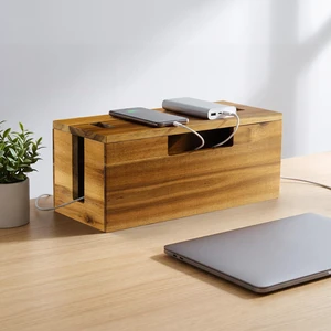 Large Acacia Wood Cable Management Box, Power Strip Cord Organizer | 3 open slots make this cable organizer ideal for concealing TV, computer, router and USB hub wires under desks or media units Large Acacia Wood Cable Management Box, Power Strip Cord Organizer | 3 open slots make this cable organizer ideal for concealing TV, computer, router and USB hub wires under desks or media units