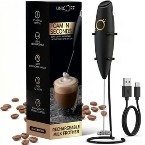 Rechargeable Milk Frother with Stand, Handheld Drink Mixer, Black | USB-C coffee whisker & cappuccino maker. Handheld electric drink stirrer wand for matcha, latte, protein shakes & cold foam Rechargeable Milk Frother with Stand, Handheld Drink Mixer, Black | USB-C coffee whisker & cappuccino maker. Handheld electric drink stirrer wand for matcha, latte, protein shakes & cold foam