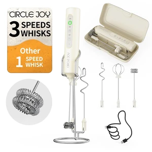 Rechargeable Handheld Milk Frother Wand with Stand, 3 Variable Speeds, 3 Whisks and Storage Box, Electric Drink Mixer for Latte, Cappuccino, Hot Chocolate, Eggs and Protein Powder, Beige Rechargeable Handheld Milk Frother Wand with Stand, 3 Variable Speeds, 3 Whisks and Storage Box, Electric Drink Mixer for Latte, Cappuccino, Hot Chocolate, Eggs and Protein Powder, Beige