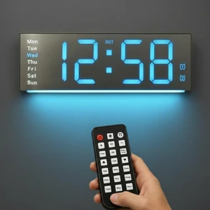 11.5" Digital Wall Clock with Alarm,Timer,Remote ControlAuto-Dimming | Bright LED screen,count-up/down timer9-color night light,,10 brightness levels, DST support, and memory backup. Plug-in 11.5" Digital Wall Clock with Alarm,Timer,Remote ControlAuto-Dimming | Bright LED screen,count-up/down timer9-color night light,,10 brightness levels, DST support, and memory backup. Plug-in