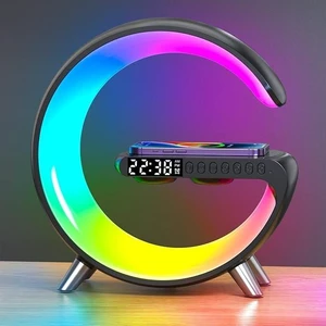 Smart LED Table Lamp,4-in-1 Wireless Charger with Speaker,Night Light, Alarm Clock, and Bluetooth Speaker with App Control for Bedroom and Home Decor (Black, Large) Smart LED Table Lamp,4-in-1 Wireless Charger with Speaker,Night Light, Alarm Clock, and Bluetooth Speaker with App Control for Bedroom and Home Decor (Black, Large)