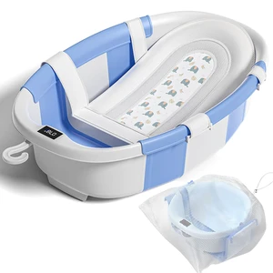 Collapsible Baby Bathtub with Soft Cushion and Thermometer, Newborn to Toddler Tub 0-36 Months with Toy Storage Mesh Bag, Portable Travel Bath for Infants (Blue) Collapsible Baby Bathtub with Soft Cushion and Thermometer, Newborn to Toddler Tub 0-36 Months with Toy Storage Mesh Bag, Portable Travel Bath for Infants (Blue)