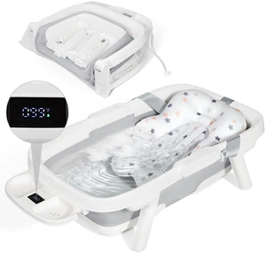 Collapsible Baby Bathtub with Cushion & Thermometer, Large Size,Gray | Portable Travel Baby Bath Tub for for Newborn to Toddler 0-36 Months, 28x16.9 inches, Foldable for Space-Saving Collapsible Baby Bathtub with Cushion & Thermometer, Large Size,Gray | Portable Travel Baby Bath Tub for for Newborn to Toddler 0-36 Months, 28x16.9 inches, Foldable for Space-Saving