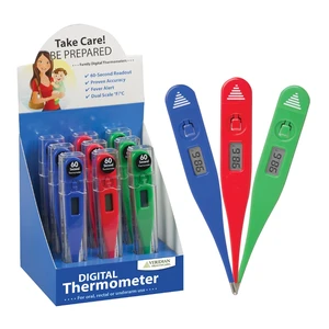 60-Second Digital Thermometer, 9-Count Display | Assorted Colors, Fever Alert at 100.0°F, Oral, Rectal & Underarm Use, Memory Recall, Storage Case 60-Second Digital Thermometer, 9-Count Display | Assorted Colors, Fever Alert at 100.0°F, Oral, Rectal & Underarm Use, Memory Recall, Storage Case