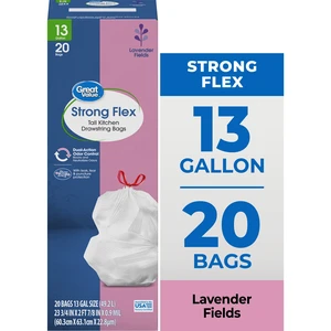Great Value Strong Flex 13-Gallon Drawstring Tall Kitchen Trash Bags, Lavender Fields Scent, 20 Bags Great Value Strong Flex 13-Gallon Drawstring Tall Kitchen Trash Bags, Lavender Fields Scent, 20 Bags