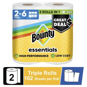 Bounty Essentials Paper Towels Select-a-Size 2 Triple Rolls 162 Sheets per Roll White Bounty Essentials Paper Towels Select-a-Size 2 Triple Rolls 162 Sheets per Roll White
