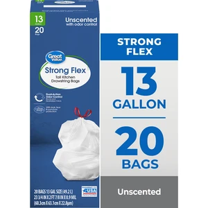 Great Value Strong Flex Tall Kitchen Drawstring Bags, Unscented, 13 Gallon, 20 Count Great Value Strong Flex Tall Kitchen Drawstring Bags, Unscented, 13 Gallon, 20 Count