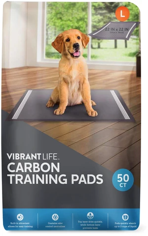 Vibrant Life Charcoal Large Training Pads, Odor Control, Super Absorbent, Leak Proof, & Fast Dry Dog and Puppy Pee Pads, 22 in x 22 in, 50 Count Vibrant Life Charcoal Large Training Pads, Odor Control, Super Absorbent, Leak Proof, & Fast Dry Dog and Puppy Pee Pads, 22 in x 22 in, 50 Count