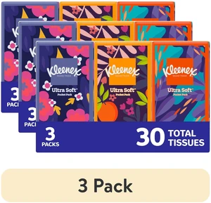 (3 pack) Kleenex On-The-Go 3-Ply Travel Tissues, 3 Pack (30 Total Tissues), Facial Tissues (3 pack) Kleenex On-The-Go 3-Ply Travel Tissues, 3 Pack (30 Total Tissues), Facial Tissues