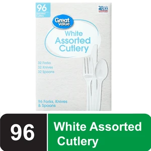 Great Value Plastic Disposable Cutlery Set, White, 96 Count, 32 Forks, 32 Spoons, 32 Knives Great Value Plastic Disposable Cutlery Set, White, 96 Count, 32 Forks, 32 Spoons, 32 Knives