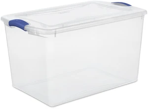 Sterilite 66 Quart Large Latching Storage Bin, Clear Plastic Storage Container with Latch Lid, Blue Sterilite 66 Quart Large Latching Storage Bin, Clear Plastic Storage Container with Latch Lid, Blue