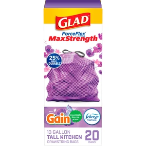 Glad ForceFlex MaxStrength 13-Gallon Purple Drawstring Tall Kitchen Bags, Gain Moonlight Breeze Scent, 20 Bags Glad ForceFlex MaxStrength 13-Gallon Purple Drawstring Tall Kitchen Bags, Gain Moonlight Breeze Scent, 20 Bags