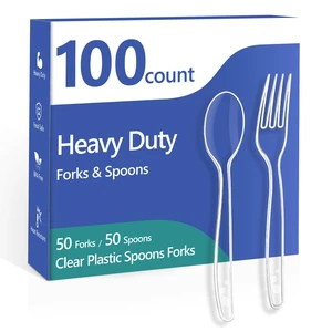 100 Count Clear Plastic Silverware Heavy Duty -50 Forks, 50 Spoons | BPA-Free, Heat Resistant, Disposable Plastic Cutlery Set, Plasticware Bulk for Party 100 Count Clear Plastic Silverware Heavy Duty -50 Forks, 50 Spoons | BPA-Free, Heat Resistant, Disposable Plastic Cutlery Set, Plasticware Bulk for Party