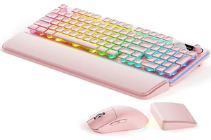 V98 Wireless Keyboard and Mouse Combo with Dual Wrist Rest, Pink | Dual ergonomic wrist rest, 9 backlit effects, Metal Panel, Volume Knob, Quite typing for office/ home, Fits Laptop/PC/Mac V98 Wireless Keyboard and Mouse Combo with Dual Wrist Rest, Pink | Dual ergonomic wrist rest, 9 backlit effects, Metal Panel, Volume Knob, Quite typing for office/ home, Fits Laptop/PC/Mac