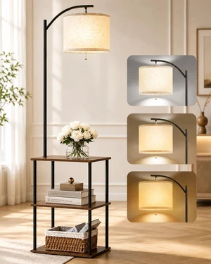 Floor Lamp with Table, Side Table for Living Room, 3 CCT 9W LED Bulb | Adjustable Linen Shade & Pull Chain, Modern Coffee End Table, Night Stand with Storage Shelves for Bedroom, Office Home Décor Floor Lamp with Table, Side Table for Living Room, 3 CCT 9W LED Bulb | Adjustable Linen Shade & Pull Chain, Modern Coffee End Table, Night Stand with Storage Shelves for Bedroom, Office Home Décor