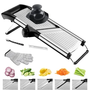 Mandoline Slicer for Kitchen, Adjustable Vegetable Slicer | Adjustable stainless steel blade slices potato, onion and tomato evenly; food holder and gloves help make kitchen prep safer. Mandoline Slicer for Kitchen, Adjustable Vegetable Slicer | Adjustable stainless steel blade slices potato, onion and tomato evenly; food holder and gloves help make kitchen prep safer.