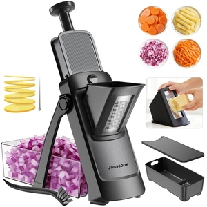 7-in-1 Safe Mandoline Slicer for Kitchen, Vegetable Slicer with Container | Adjustable Veggie Chopper Cutter, Upgraded Tray & Stainless Steel Grater & Basket & Lid & Cleaning Brush (Black Knight Pro) 7-in-1 Safe Mandoline Slicer for Kitchen, Vegetable Slicer with Container | Adjustable Veggie Chopper Cutter, Upgraded Tray & Stainless Steel Grater & Basket & Lid & Cleaning Brush (Black Knight Pro)