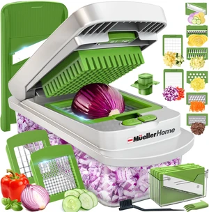 MUELLER HOME Pro-Series 10-in-1 Vegetable Chopper, 8 Blade Onion Mincer | Cutter, Dicer, Fruit Slicer with Container, French Fry Cutter Potato Slicer, Home Essentials, Salad Chopper White Sand/Green MUELLER HOME Pro-Series 10-in-1 Vegetable Chopper, 8 Blade Onion Mincer | Cutter, Dicer, Fruit Slicer with Container, French Fry Cutter Potato Slicer, Home Essentials, Salad Chopper White Sand/Green