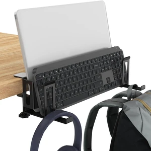 Clamp On 2-Slot Vertical Laptop Stand for Desk Side,Headphone Hook(Black) | Clamp-on dual-slot vertical laptop holder for desk edge.Built-in headphone hook, padded protection,stores devices. Clamp On 2-Slot Vertical Laptop Stand for Desk Side,Headphone Hook(Black) | Clamp-on dual-slot vertical laptop holder for desk edge.Built-in headphone hook, padded protection,stores devices.
