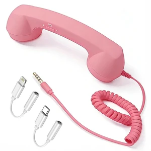 Retro Handset for Mobile Phone, 3.5 mm Jack with USB-C/Lightning | Classic Wired Phone Handset with 3.5 mm Jack, Type-C and Lightning adapters, Vintage Landline-Style Call Receiver(Pink) Retro Handset for Mobile Phone, 3.5 mm Jack with USB-C/Lightning | Classic Wired Phone Handset with 3.5 mm Jack, Type-C and Lightning adapters, Vintage Landline-Style Call Receiver(Pink)