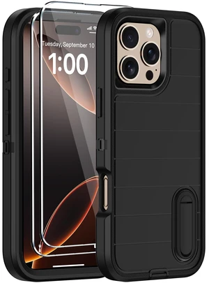 for iPhone 16 Pro Case with Screen Protector,Built-in Invisible Kickstand,Heavy Duty Shockproof Drop Protection Military Grade Tri-Layer Rugged Durable Cell Phone Cover for Apple 16 Pro 6.3" (Black for iPhone 16 Pro Case with Screen Protector,Built-in Invisible Kickstand,Heavy Duty Shockproof Drop Protection Military Grade Tri-Layer Rugged Durable Cell Phone Cover for Apple 16 Pro 6.3" (Black